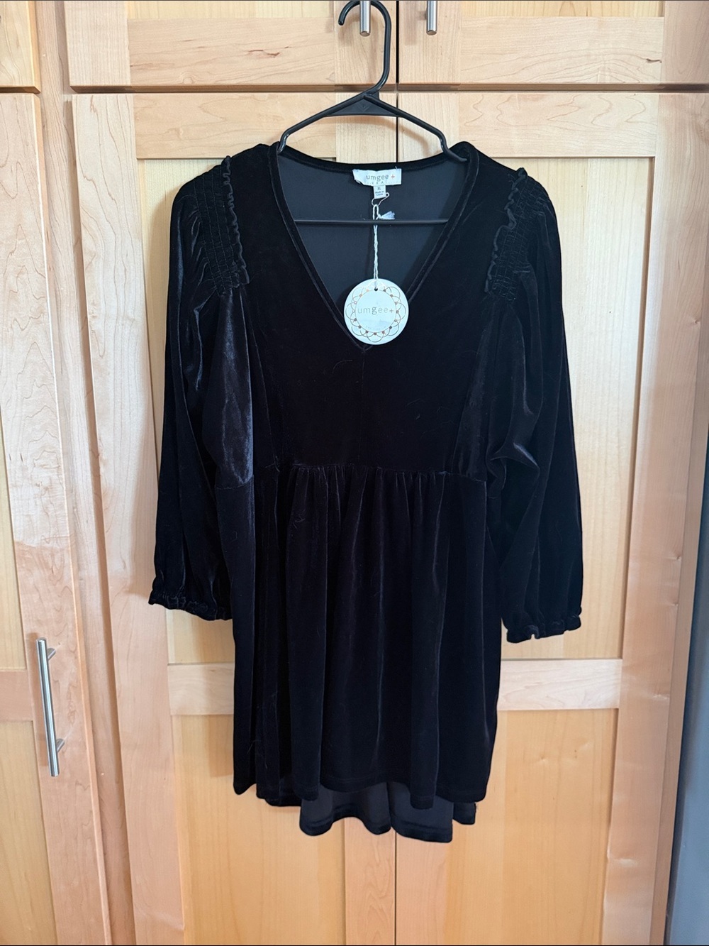 Umgee Black Velvet V-Neck 3/4th Length Sleevr Babydoll Dress XL NWT